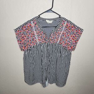 Savanna Jane Blouse Top Women's Large White Black Striped Floral Embroidered